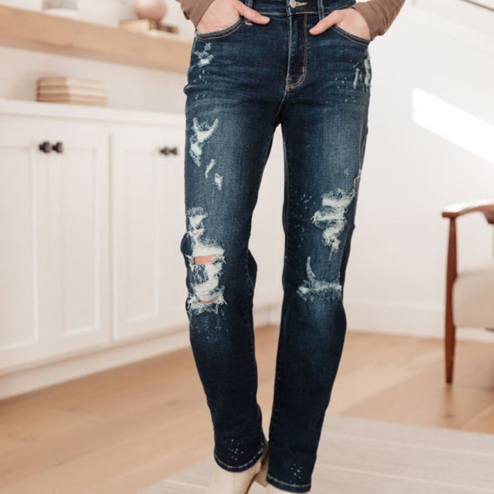Judy Blue Mid Rise Dark Denim Bleach Splashed Distressed Boyfriend  # 82198